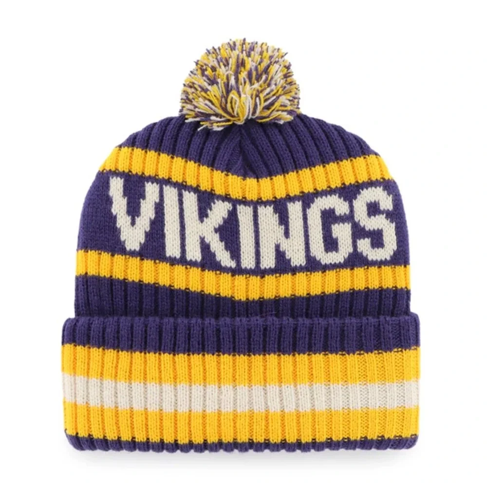 Minnesota Vikings Bering 47 Brand Cuff Knit Beanie Hat Purple Gold Pom NFL NEW